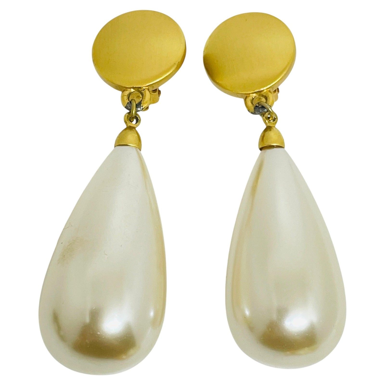 Anne Klein Matte Gold Huge Drop Glass Pearl Designer Clip On Earrings